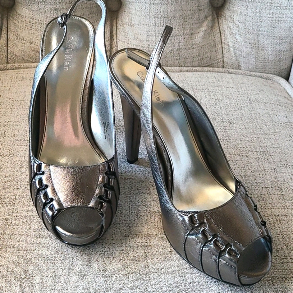 CK Metallic Sliver high heel slingback shoes